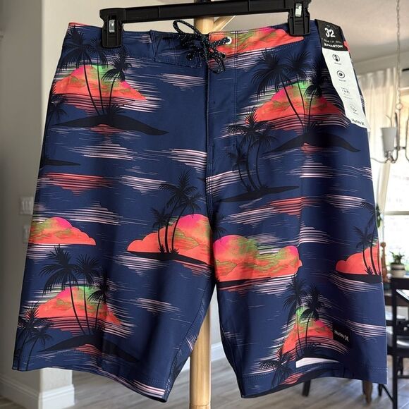 NWT Hurley Board Shorts Swim Phantom Quick Dry 4 Way Stretch Palm Tree Navy - Picture 4 of 11